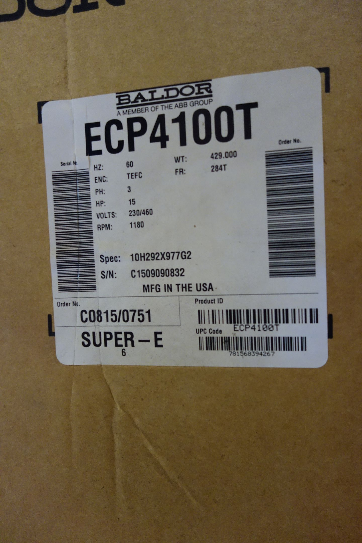 Baldor Motor ECP4100T, 15 HP, 3-Phase, 1180 RPM, 230/460V, Frame 284T - AC MOTOR