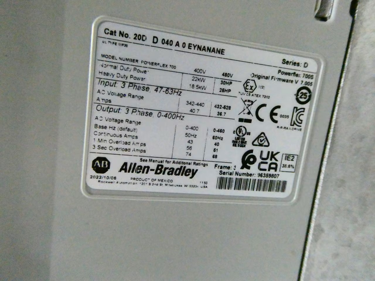 Allen Bradley 20DD040A0EYNANANE Powerflex 700S AC VFD Drive - AC VFD DRIVES