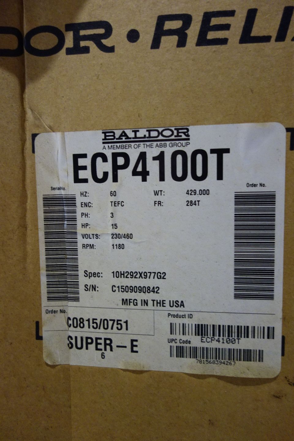 Baldor Motor ECP4100T, 15 HP, 3 Phase, 1180 RPM, 230/460 V, Frame 284T - AC MOTOR