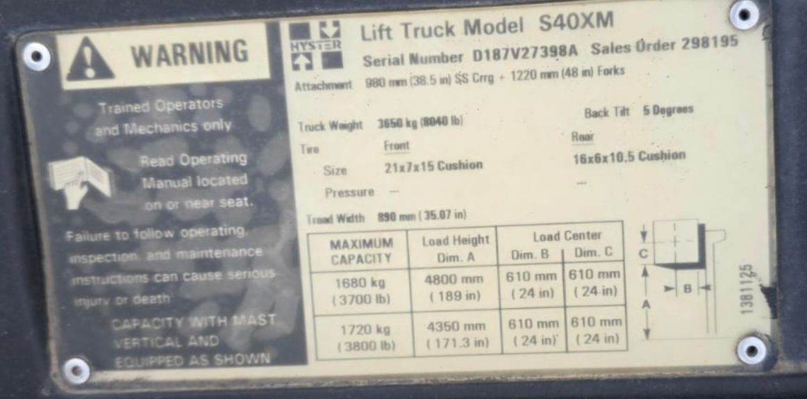 HYSTER S40XM 02 LPG FORKLIFT - 3800 LB CAPACITY, 189" MAX HEIGHT, 80K MILEAGE - SIT-DOWN FORKLIFTS