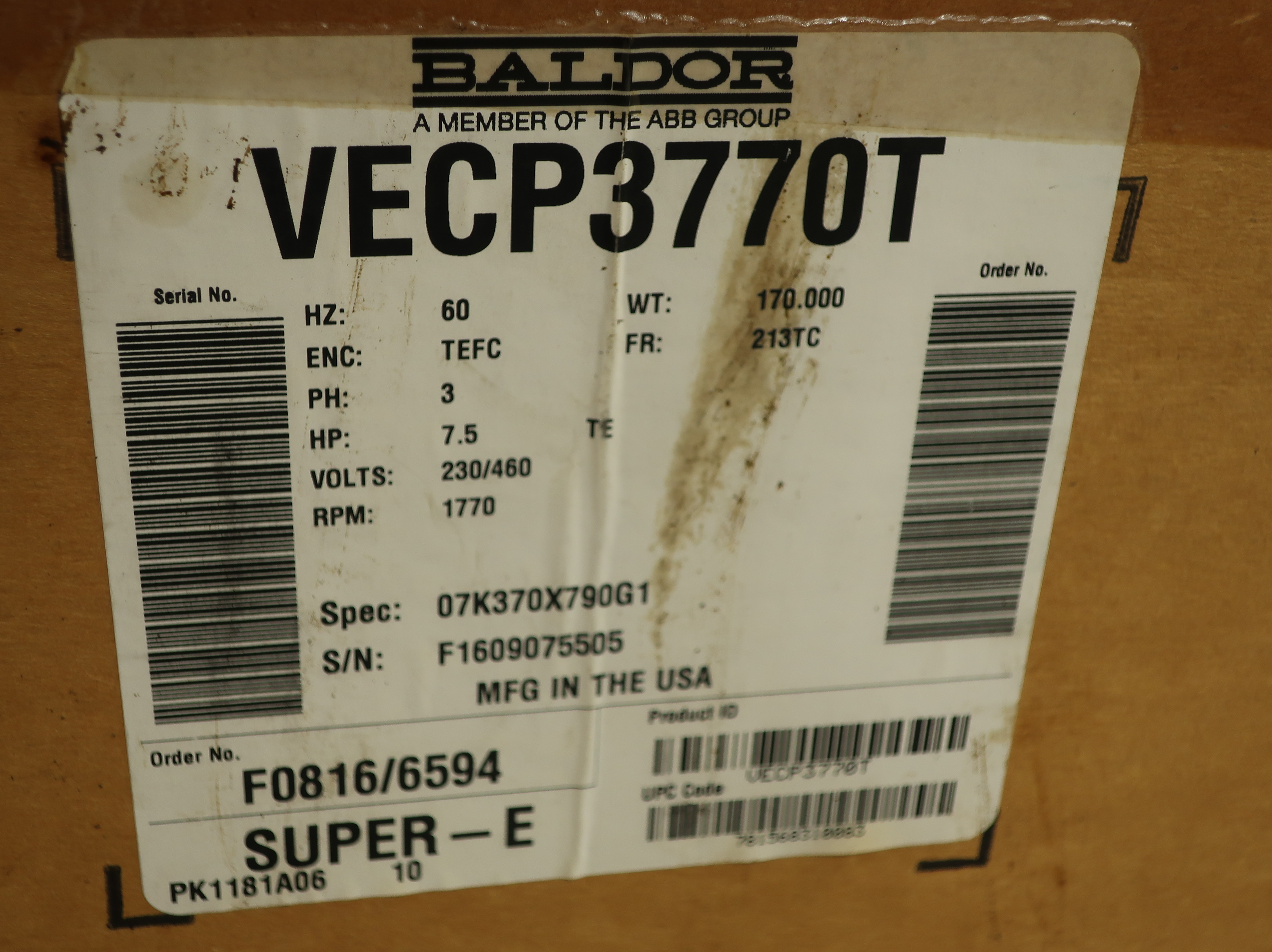 Baldor 7.5 HP Three Phase Motor 213TC 2700 RPM 460 V AC - AC MOTOR
